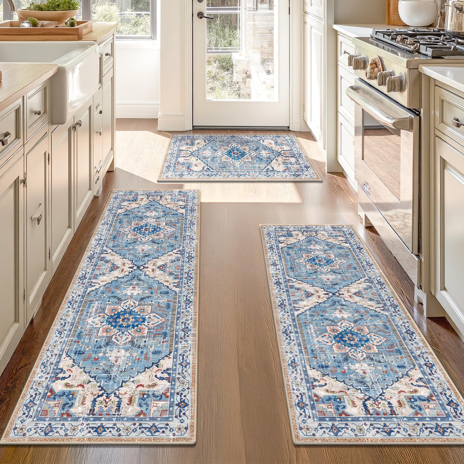 Yamaziot Boho Washable Kitchen Rugs Sets of 3, Non Slip Kitchen Mats for Floor with Rubber Backing, Waterproof & Stain Resistant Thick Carpet Runner Throw Rug for Kitchen, Laundry Room, Hallway