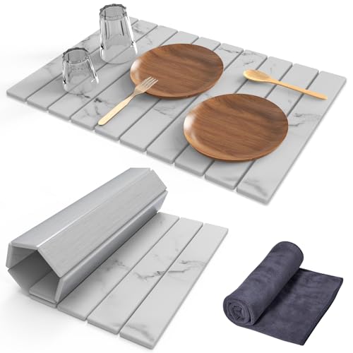 Stone Dish Drying Mat for Kitchen Counter,24"(L)16"(W) Collapsible Fast-Drying Diatomaceous Earth Mats with Towel Sanding Tool,Versatile Stone Drying Mats for Cups Dishes Bottles