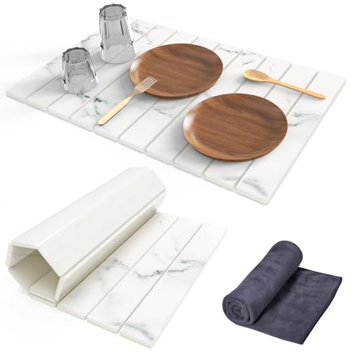 Stone Dish Drying Mat for Kitchen Counter,24"(L)16"(W) Collapsible Fast-Drying Diatomaceous Earth Mats with Towel Sanding Tool,Versatile Stone Drying Mats for Cups Dishes Bottles