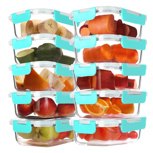 BAYZZ 10 Pack 22 oz Glass Meal Prep Containers, Glass Food Storage Containers with Airtight Lids, BPA-Free, Freezer and Microwave Safe, Green