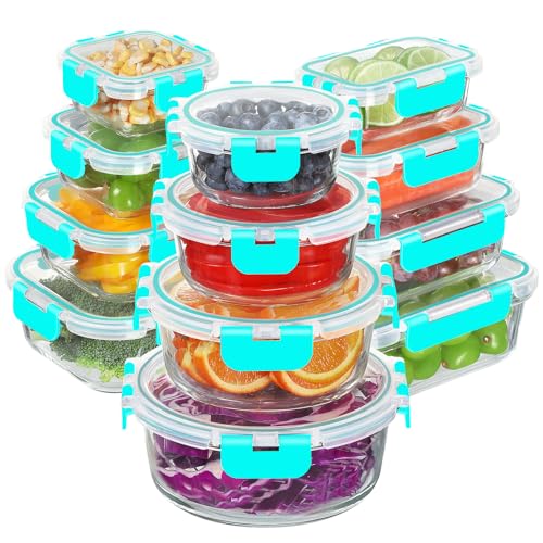 BAYZZ 24 Piece Glass Food Storage Containers with Lids, Airtight Glass Meal Prep Containers for Kitchen, BPA-Free Lunch Box, Microwave and Freezer Safe,Green