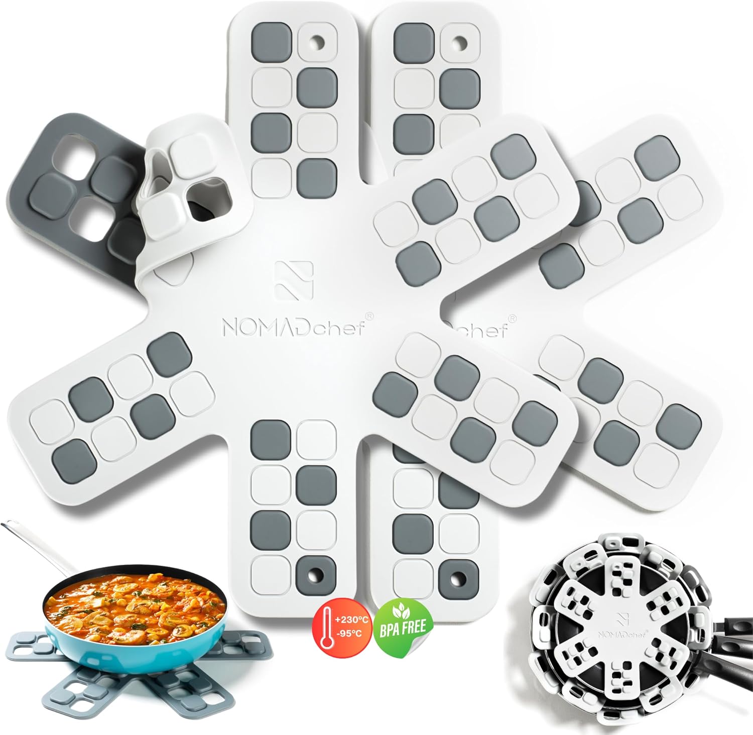 Dual-Use Silicone Pan Protectors for Stacking & Trivets for Hot Dishes | Silicone Trivet Mat | Perfect Pot and Pan Protectors for Stacking | Cookware Protectors for Stacking (M2-WHT/Grey)