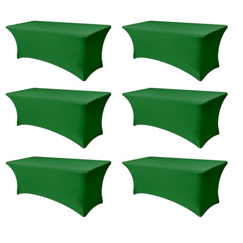 Stretch Table Cover for 6 foot Rectangle Tables-6 Pack Green Spandex Fitted Tablecloth-Elastic 6ft Folding Tablecloths for Party, Vendor Booth Display, Banquet Buffet Event, Craft Trade Show