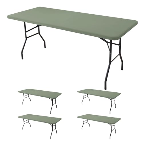 Fitted Tablecloth for 8 Foot Rectangle Tables-4 Pack Sage Elastic Outdoor Picnic Table Cover-Spandex Stretch Folding Table Cloths 8ft for Camping Dining Room Patio Kitchen Banquet Party
