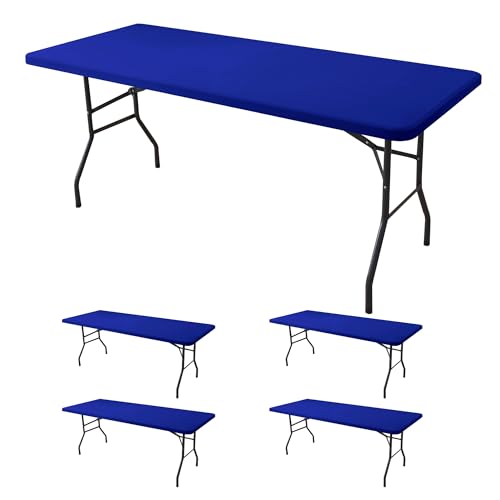 Fitted Tablecloth for 8 Foot Rectangle-4 Pack Royal Blue Elastic Outdoor Picnic Table Cover-Spandex Stretch Folding Table Cloths 8ft for Camping Dining Room Patio Kitchen Banquet Party