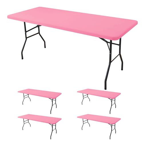 Fitted Tablecloth for 8 Foot Rectangle Tables-4 Pack Pink Elastic Outdoor Picnic Table Cover-Spandex Stretch Folding Table Cloths 8ft for Camping Dining Room Patio Kitchen Banquet Party