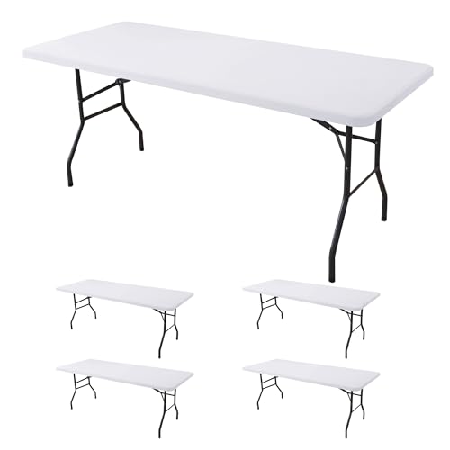 Fitted Tablecloth for 8 Foot Rectangle Tables-4 Pack White Elastic Outdoor Picnic Table Cover-Spandex Stretch Folding Table Cloths 8ft for Camping Dining Room Patio Kitchen Banquet Party