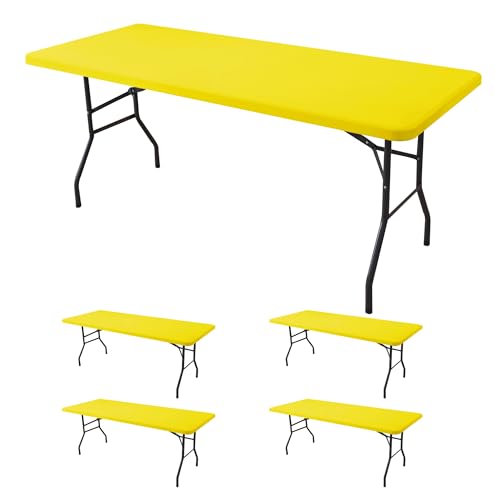 Fitted Tablecloth for 8 Foot Rectangle Tables-4 Pack Yellow Elastic Outdoor Picnic Table Cover-Spandex Stretch Folding Table Cloths 8ft for Camping Dining Room Patio Kitchen Banquet Party