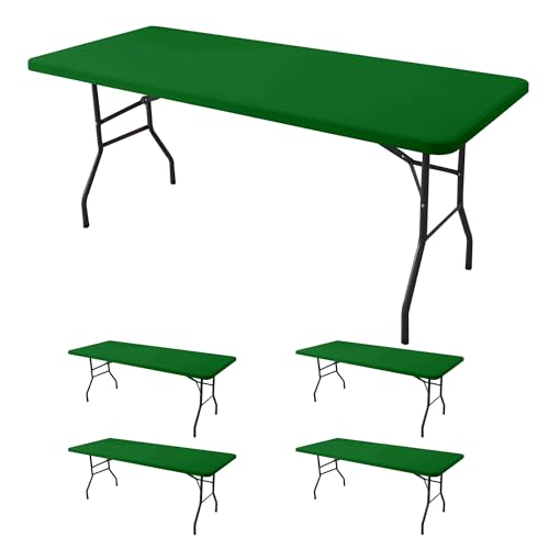 Fitted Tablecloth for 8 Foot Rectangle Tables-4 Pack Green Elastic Outdoor Picnic Table Cover-Spandex Stretch Folding Table Cloths 8ft for Camping Dining Room Patio Kitchen Banquet Party