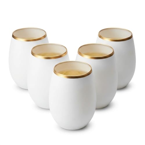 40 count Unbreakable Stemless Plastic Wine Champagne Whiskey Glasses Elegant Durable Disposable Indoor Outdoor Ideal for Home, Office, Bars, Wedding, 12 Ounce Cups Gold Rim (White Matte Gold)