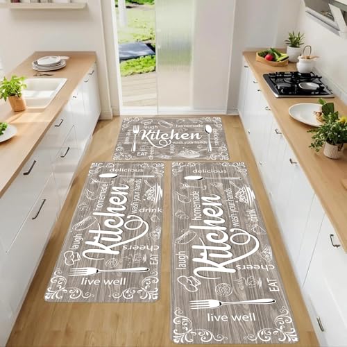Kitchen Mats for Floor, Non Slip Brown Nappa Leather Kitchen Rugs Sets of 3, Farmhouse Washable Kitchen Runner Rugs Stain Resistant for Kitchen, Laundry Room, Bathroom, Entryway Carpet Decor