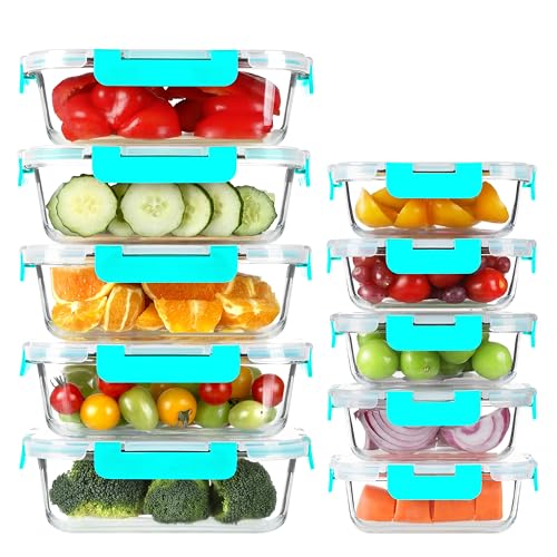 BAYZZ 10 Pack Glass Meal Prep Containers, Glass Food Storage Containers with Lids, Airtight Lunch Box, Freezer,Oven,Microwave and Dishwasher Safe,Green