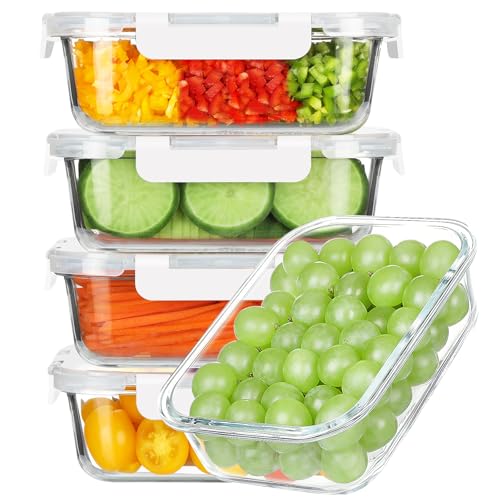 BAYZZ Glass Food Storage Containers, 5 Pack 35 Oz Glass Meal Prep Containers, Lunch Boxes with Airtight BPA-Free Lids, Microwave, Freezer and Dishwasher Safe,White