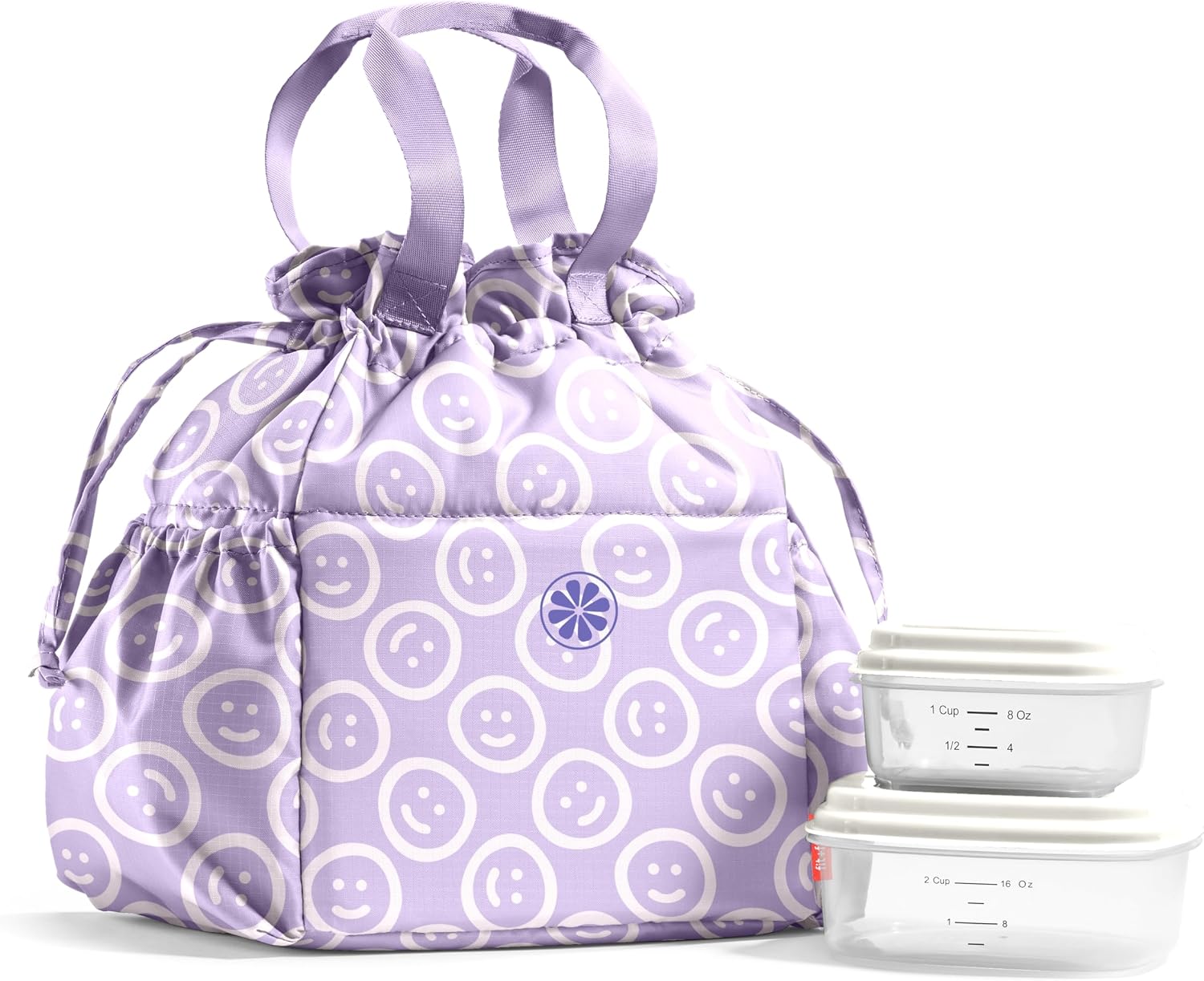 Fit & Fresh Cromwell Drawstring Lunch Bag for Women, Complete Lunch Set with 2 Containers, Stain-Resistant, Leak-Resistant, Back to School Essential, Teacher Lunchbox, All Smiles Lavender