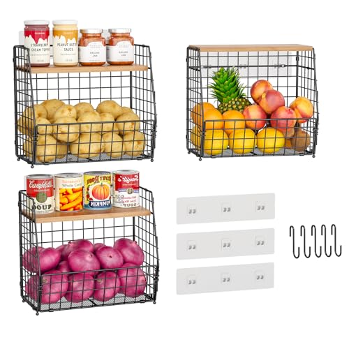 3 Pack Hanging Kitchen Baskets with Adjustable Wood Lid & S Hook- No Drilling Adhesive Wall Mount Wire Basket Over the Cabinet Door Organizer, Onion and Potato Storage for Pantry, Kitchen, Bathroom