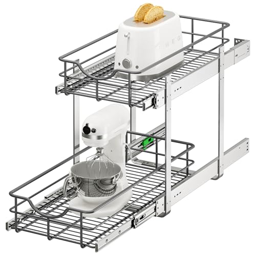 ALINE FURNITURE 2-Tier Pull Out Cabinet Organizer - 11" W x 22" D Soft Close Sliding Shelves with Shelf Liners - Pullout Drawers for Kitchen Cabinets, Pantry, Bathroom, Heavy Duty Steel Wire Baskets