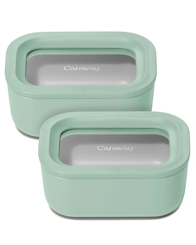 Caraway 2pc Glass Food Storage Set - 2.6 Cup Food Containers (2) - Non-Toxic Ceramic-Coated Glass - Air Release Technology - Compact & Stackable Design - Mist