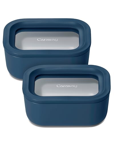 Caraway 2pc Glass Food Storage Set - 2.6 Cup Food Containers (2) - Non-Toxic Ceramic-Coated Glass - Air Release Technology - Compact & Stackable Design - Navy