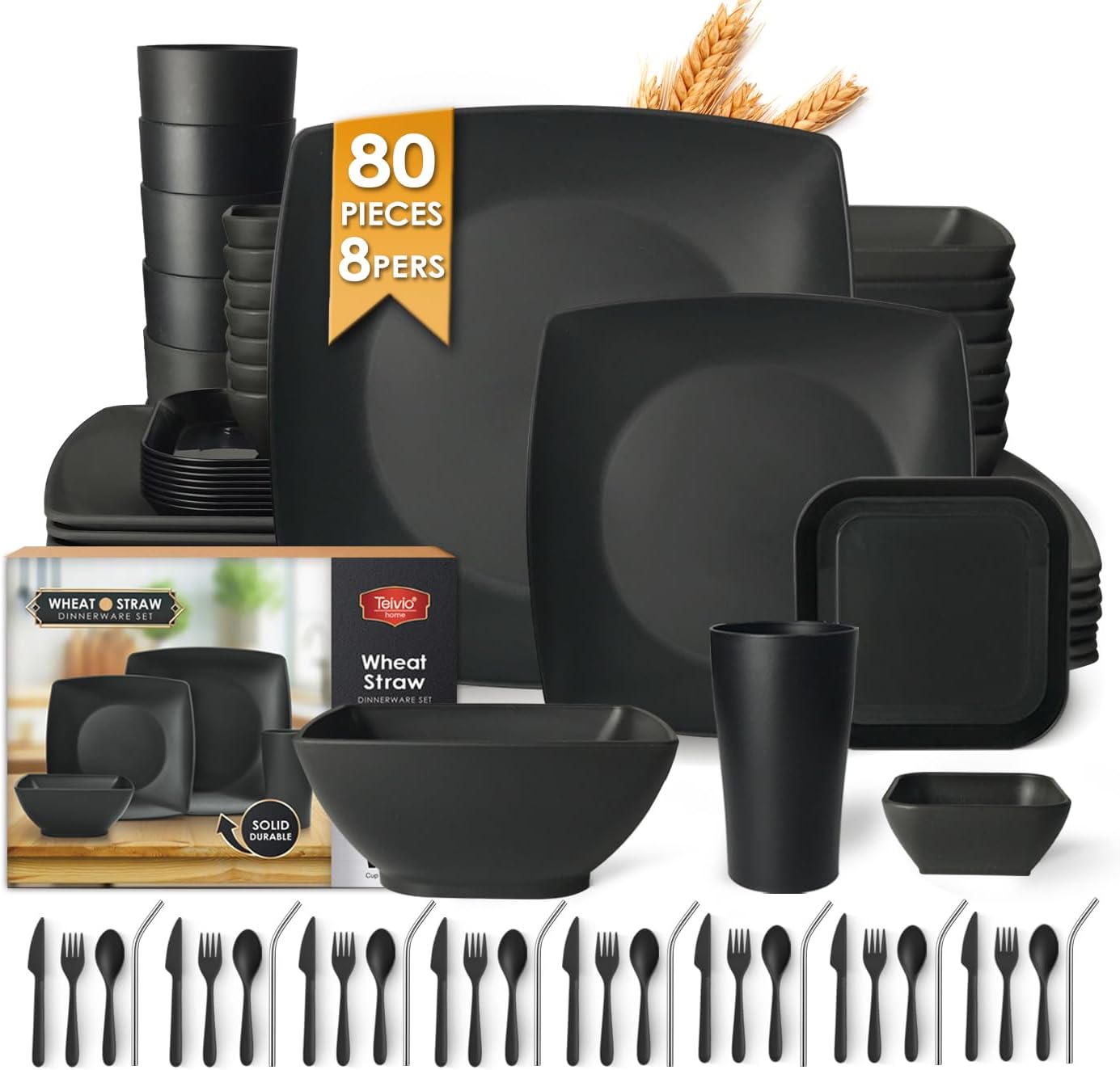Teivio 80-piece Plastic Kitchen Wheat Straw Square Dinnerware Set for 8, Unbreakable Dinner Plates, Salad Plates, Snack Bowls,Sauce Cups,Tumblers 13.5oz, Dishwasher Safe,Outdoor Camping Dish, Black