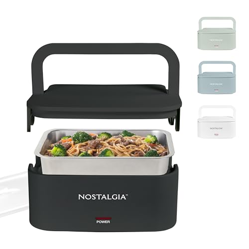 Nostalgia 32-Ounce Heated Electric Lunch Box  Travel Size 4 Cup Capacity for Soup, Pasta, and Leftovers  Leak-Proof Silicone Sealed Lid, Foldable Carry Handle, Detachable Cord  Black