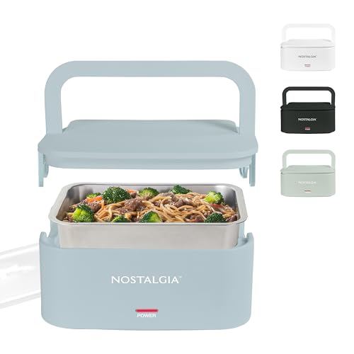 Nostalgia 32-Ounce Heated Electric Lunch Box  Travel Size 4 Cup Capacity for Soup, Pasta, and Leftovers  Leak-Proof Silicone Sealed Lid, Foldable Carry Handle, Detachable Cord  Chambray