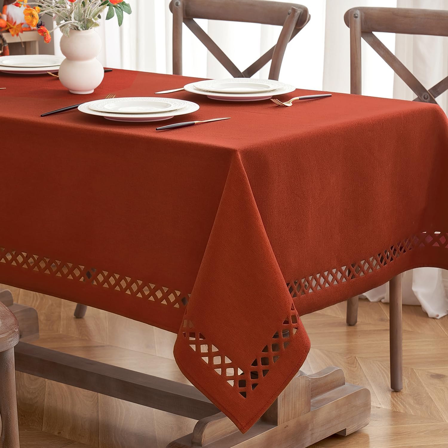 MIULEE Burnt Orange Thick Polyester Linen Rectangle Tablecloth with Decorative Cutouts Waterproof Stain Resistant Table Cloth Spring Boho Fall Table Cover for Dining Party Wedding, 120 x 55 inch