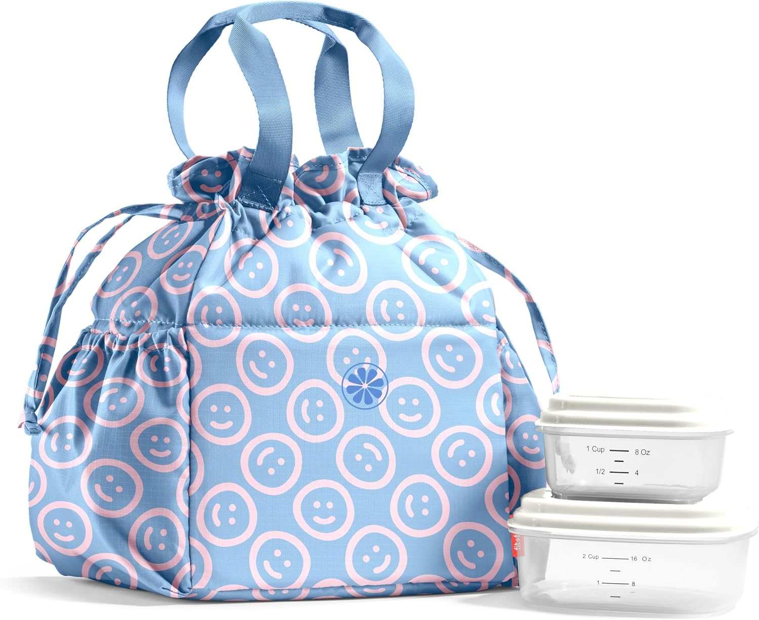 Fit & Fresh Cromwell Drawstring Lunch Bag for Women, Complete Lunch Set with 2 Containers, Stain-Resistant, Leak-Resistant, Back to School Essential, Teacher Lunchbox, All Smiles Bubble Gum