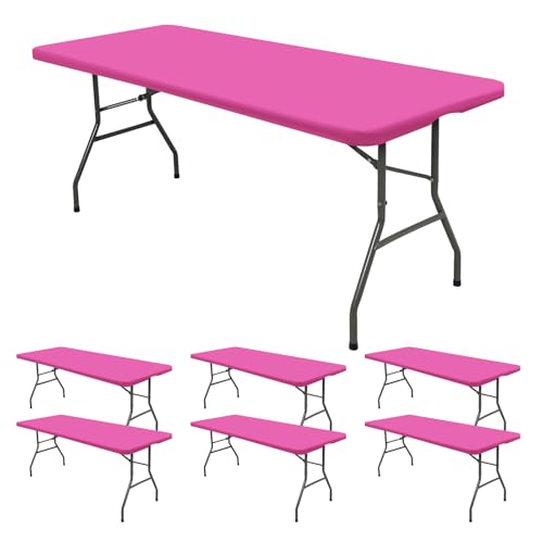 6 Pack Fitted Tablecloth for 8 Foot Rectangle Tables, Hot Pink Elastic Outdoor Picnic Table Cover, Washable Stretch Folding Table Cloths 8 ft for Camping Party Patio Kitchen Banquet, 30" W x 96" L