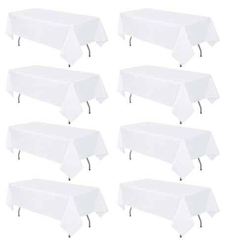 8 Pack White Table Cloth Rectangle 60 x 84 Inch Polyester Tablecloth for 4 Foot Tables, Wrinkle Resistant Washable Decorative Fabric Table Covers for Wedding Party Banquet Buffet and Camping
