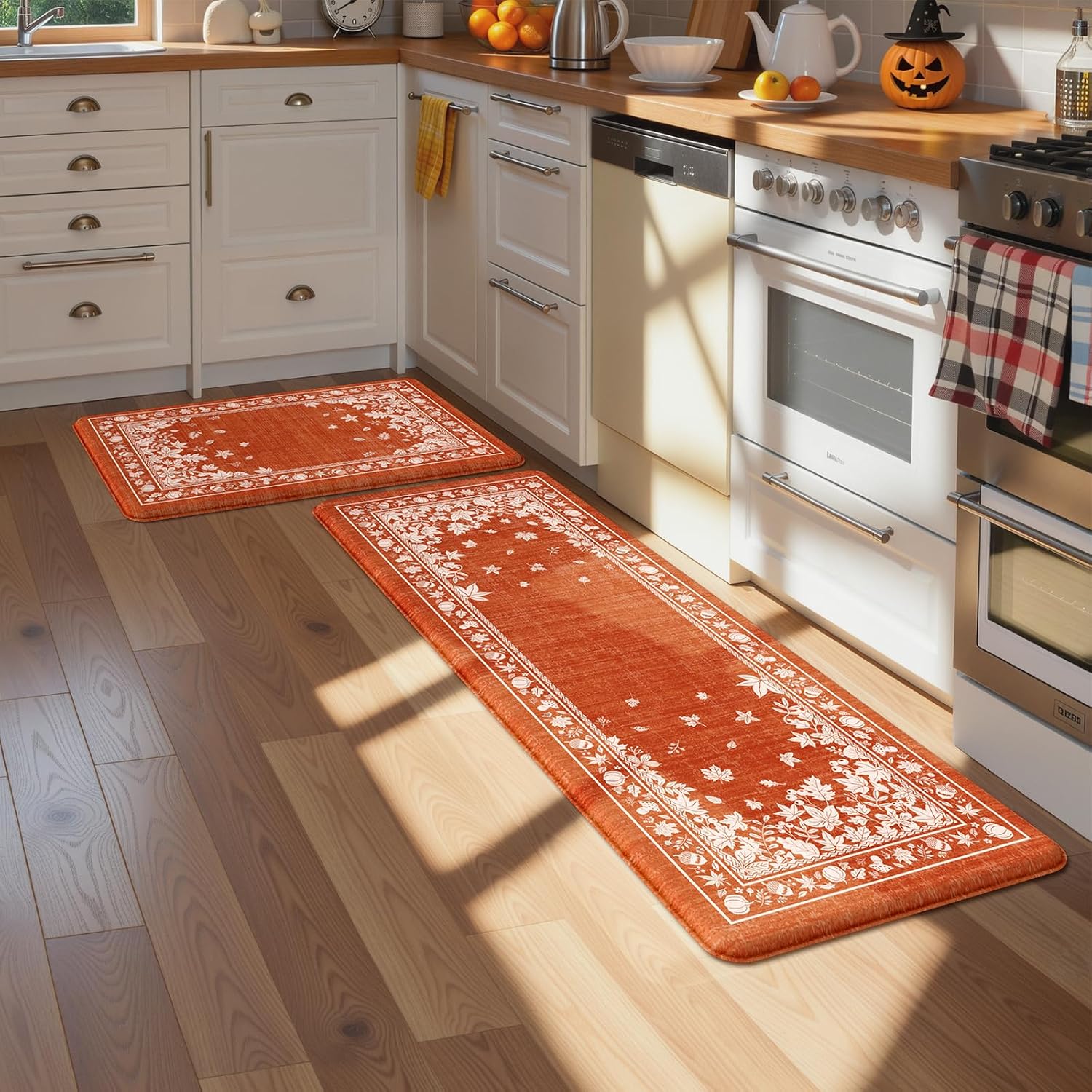 KIMODE Anti Fatigue Mats for Kitchen Floor, Farmhouse Fall Kitchen Rugs Sets of 2, Cushioned Kitchen Mats for Floor, Maple Leaves Rugs for Kitchen Floor Sink Laundry Office Orange 17"x47"+17"x29"