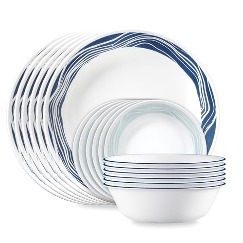 Corelle Vitrelle 18 Piece Glass Dinnerware Sets Service for 6, Triple Layer Chip & Crack Resistant Glass Plate and Bowl Sets, Acadia