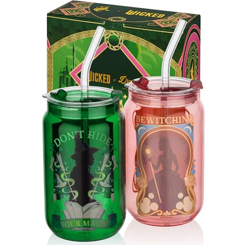 Dragon Glassware x Wicked 16 oz Drinking Glasses Set of 2 - Glass Cups with Lids and Straws - Iced Coffee Cups with Lids - Reusable Glass Tumbler with Straw and Lid - Enchanted