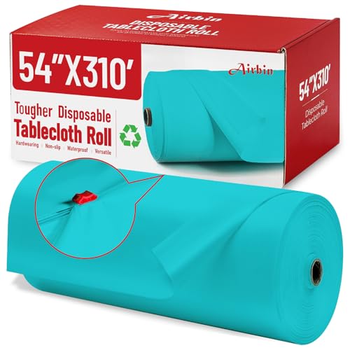 Plastic Table Cloth, 310 Ft X 54 in Disposable Tablecloth Light Blue Tablecloth Premium PEVA Plastic Table Cloth Disposable with Any Cut Sliding Cutters for Picnics, Parties, Birthdays, Festivals