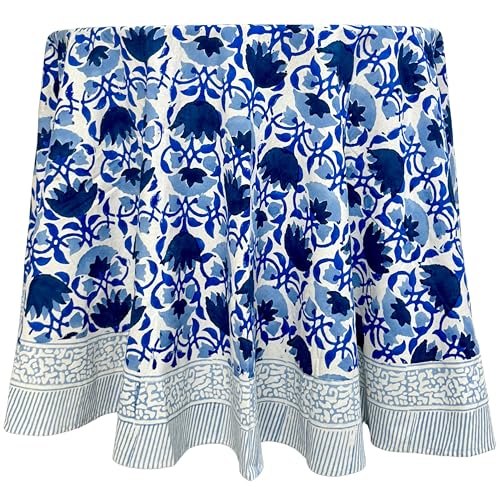 ATOSII Positano Blue 100% Cotton Round Boho Spring Summer Tablecloth, Handblock Floral Table Cloth Linen for Kitchen Dining I Parties Weddings Outdoors Grand Millennial I 60" Inches Round I 4 Seater