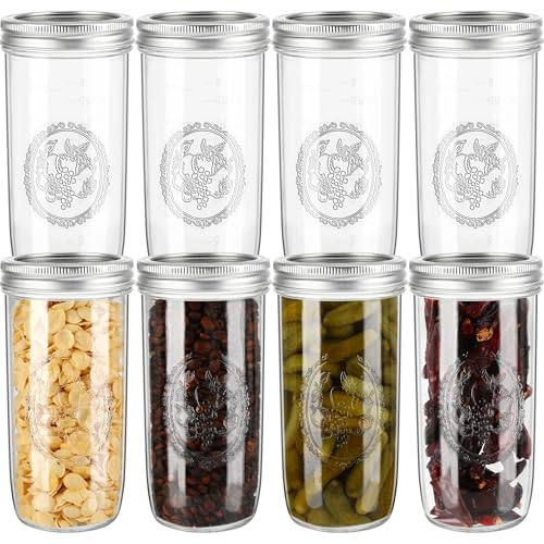 Mason Jars Wide Mouth 24oz - 8 pack Glass Pickle Canning Jars Food Storage With Airtight Mason Jar lids and Bands for Canning, Preserving, Fermenting, Pickling, DIY Projects