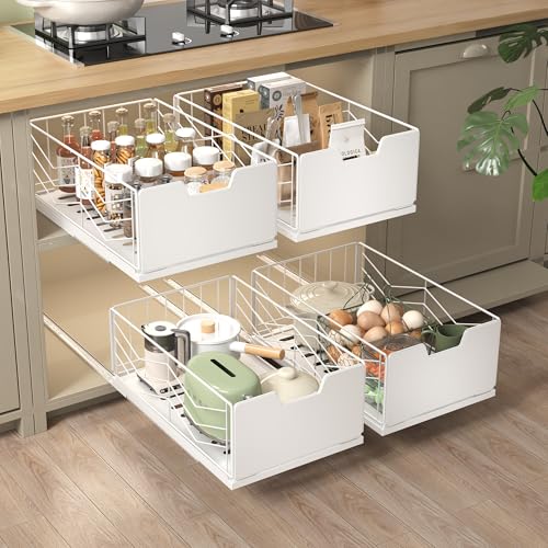 NETEL 4 Pack Pull Out Cabinet Organizer, No Drill Slide Out Drawers for Kitchen Cabinets, Peel and Stick Pull Out Drawers, Kitchen Cabinet Organizer,White,11.8"W X 20.86"D X 6.9"H