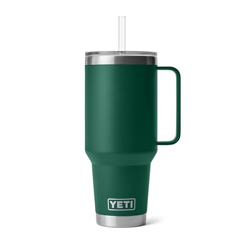 YETI Rambler 42 oz Tumbler with Handle and Straw Lid, Travel Mug Water Tumbler, Vacuum Insulated Cup with Handle, Stainless Steel, Black Forest Green