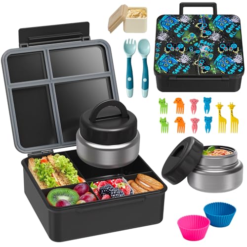 Bento Lunch Box with 9.5 oz Soup Thermo, Kids Leakproof 4 Compartments Bento Box with Silicone Cupcake,Fruit Fork,Spoon and Sauce Cup,Insulated Food Jar for School Travel-Game