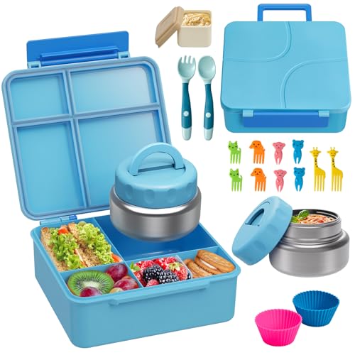 Bento Lunch Box with 9.5 oz Soup Thermo, Kids Leakproof 4 Compartments Bento Box with Silicone Cupcake,Fruit Fork,Spoon and Sauce Cup,Insulated Food Jar for School Travel-Blue
