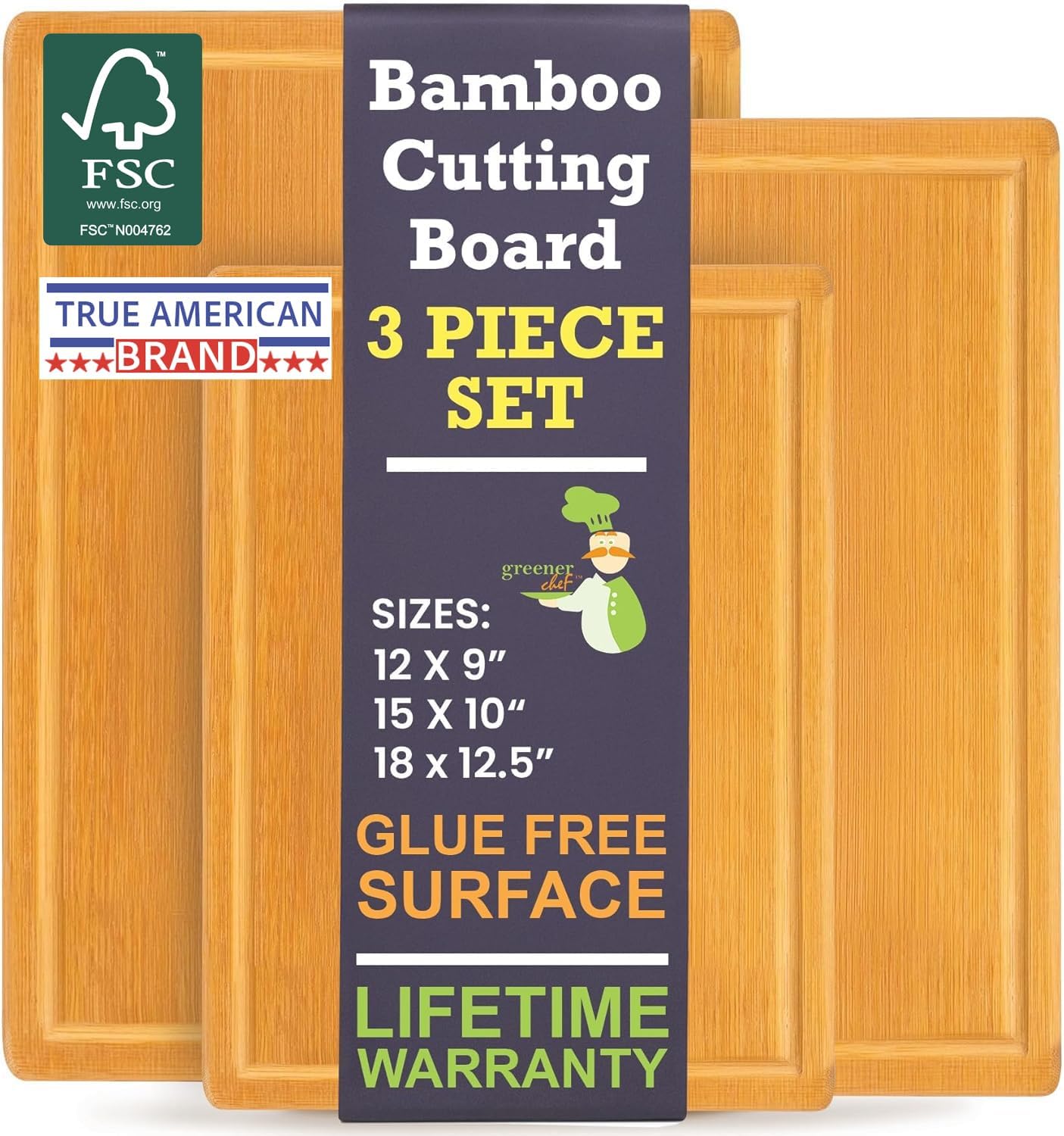 Glue-Free SurfaceTM Extra Large Bamboo Cutting Board Set  For Chopping Vegetables, Carving Meat, Slicing Bread, and Serving Cheese & Charcuterie for Safer Family Meal Prep  For Health Conscious Chefs