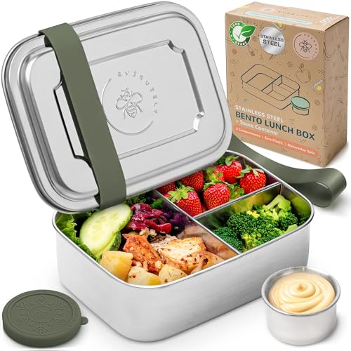 Everusely - Bento Box - Sage, 37oz / 1.1 L - Stainless Steel Lunch Box with Leakproof Condiment Container - 3 Compartment Snack Organizer for On the Go Meals - Freezer & Dishwasher Safe
