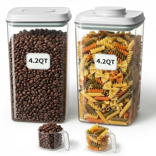 Pop Airtight Food Storage Containers Set with Lids, Large 4.2Qt/4L Food Containers with Scoop, Kitchen Pantry Organization and Storage, BPA Free Stackable Cereal Container (2 * 4.2Qt)