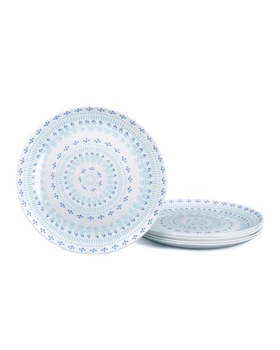 10.5 inch Dinner Plate Set of 6, Lightweight Round Opal Glass Dinnerware Plates, Dishwasher and Microwave Safe, Navy Geometric Floral Mandala Pattern