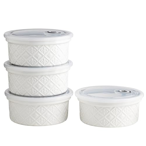 Ceramic Bowl Sets of 4, 28 Oz Food Storage Containers Serving Bowls with Lids for Kitchen, Breakfast, Oven & Microwave Safe Bowls for Soup, Salad, Pasta, Dessert, Meal Prep Airtight Containers, White