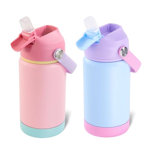Kerilyn 12oz Kids Water Bottle 2 Pack, Stainless Steel Insulated Water Bottle Bulk, Toddler Cups with Straws Leak-Proof, Kids Water Bottles for School Boys Girls, Cerulean + Charm Pink 2 Piece Set