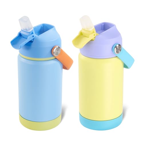Kerilyn 12oz Kids Water Bottle 2 Pack, Stainless Steel Insulated Water Bottle Bulk, Toddler Cups with Straws Leak-Proof, Kids Water Bottles for School Boys Girls, BPA Free, Cream + Sky 2 Piece Set
