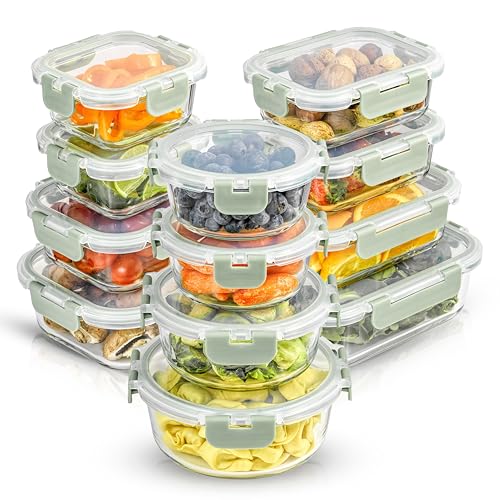 JoyJolt 24pc Borosilicate Glass Storage Containers with Lids | 12 Airtight/Freezer Safe Food Storage Containers for Pantry and Kitchen | Meal Prep Container for Lunch | Glass meal Set