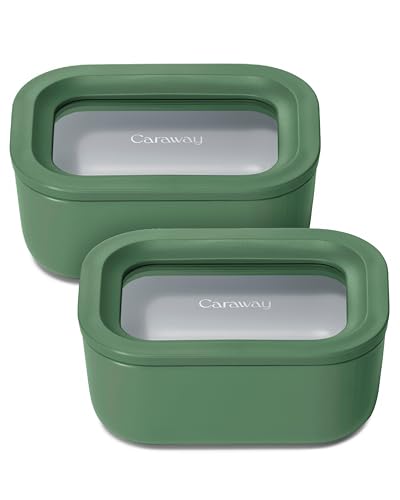 Caraway 2pc Glass Food Storage Set - 2.6 Cup Food Containers (2) - Non-Toxic Ceramic-Coated Glass - Air Release Technology - Compact & Stackable Design - Sage