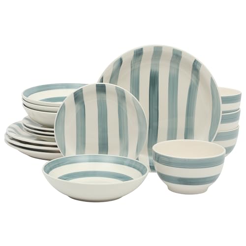 Gibson Home Kenwood Shores 16 Piece Dinnerware Set, Blue Striped, Hand-Painted Stoneware Dishes, Plates and Bowls, Service for 4, Microwave & Dishwasher Safe