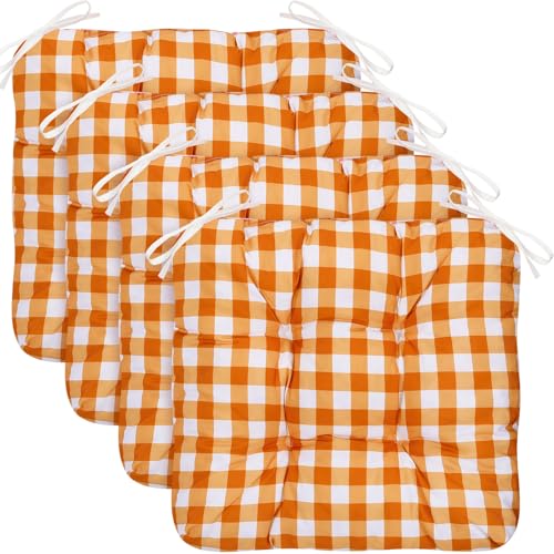 Geetery 4 Pack Chair Cushions for Dining Chair Kitchen Seat Pads with Ties Buffalo Plaid Soft Comfy Square Seat Pads for Home, Outdoor, Patio, Room (Orange,White)